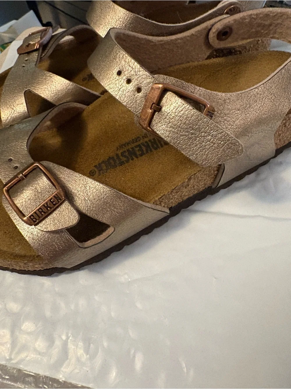 Birkenstock Kids Metallic Rose Gold Two-Strap Buckle Sandals